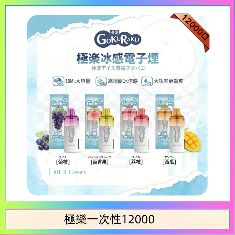 【8種口味】極楽 12000口一次性電子煙|超大容量 |口感絲滑|新品